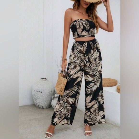 Brown/ Black Tropical Print Tube Top & Wide Leg Pants - Picture 3 of 7